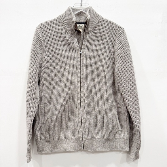 LL Bean Men’s Organic Cotton Waffle Knit Sweater Full Zip Light Gray Medium - Picture 1 of 8